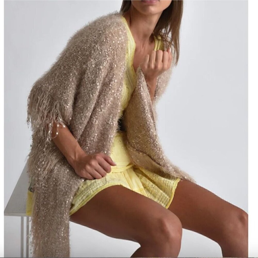 NWT Muche et Muchette Opa Rose Gold Fringed Textured Knit Cardigan Shawl OS